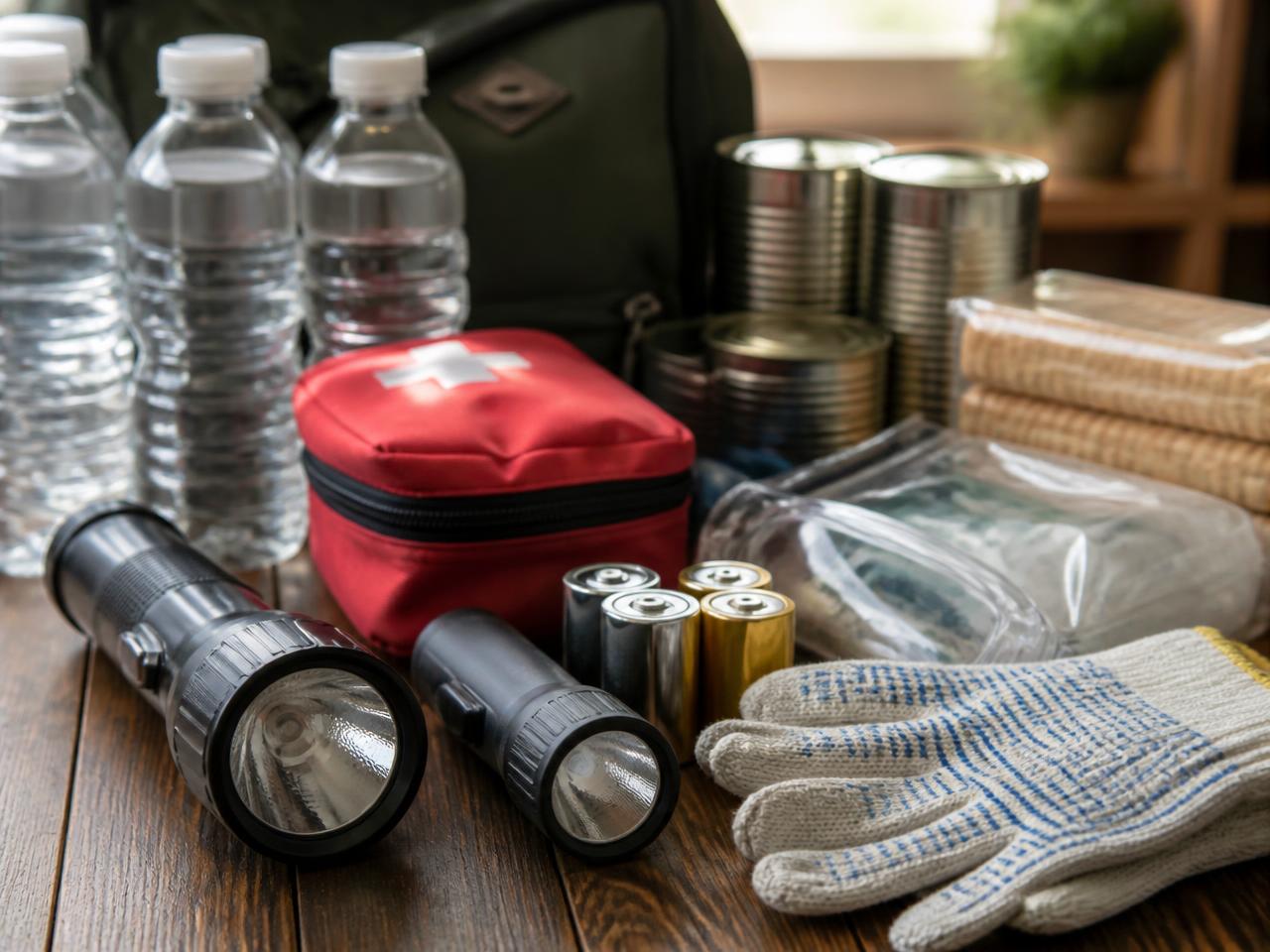 Kit de emergencia con linternas, pilas, agua, enlatados y guantes sobre una mesa